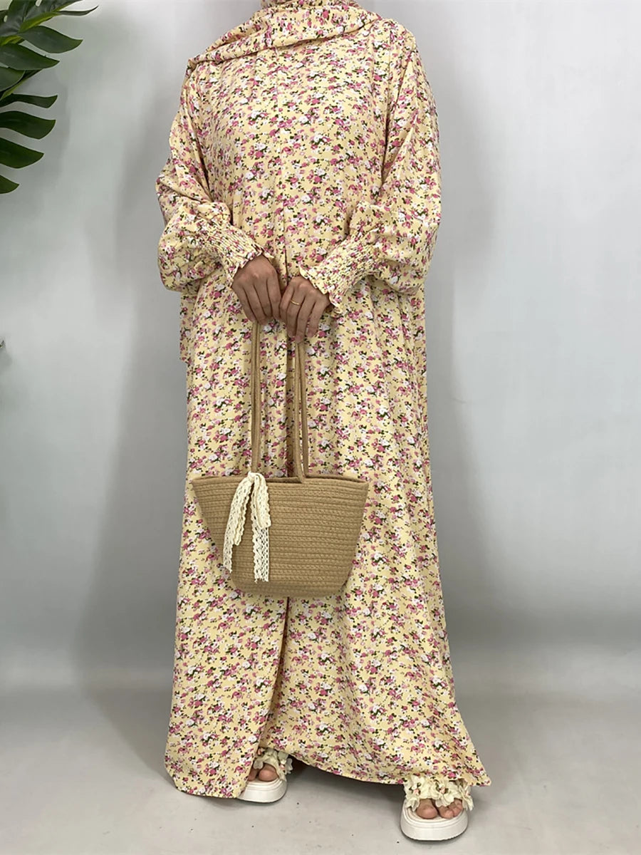 Abaya Florale Khimar Assorti – détail du tissu et des finitions