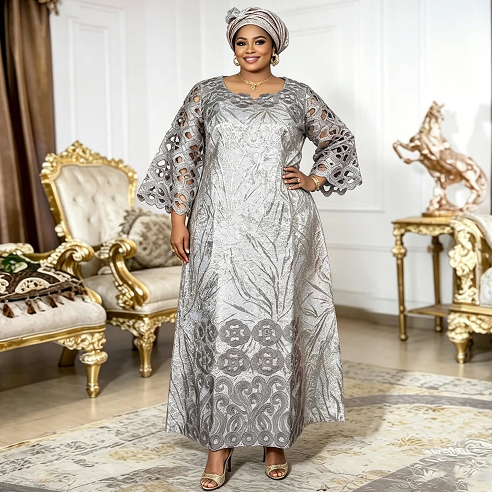 Abaya Africaine Bazin Brodée Pour Femme en argenté – Maison Layina
