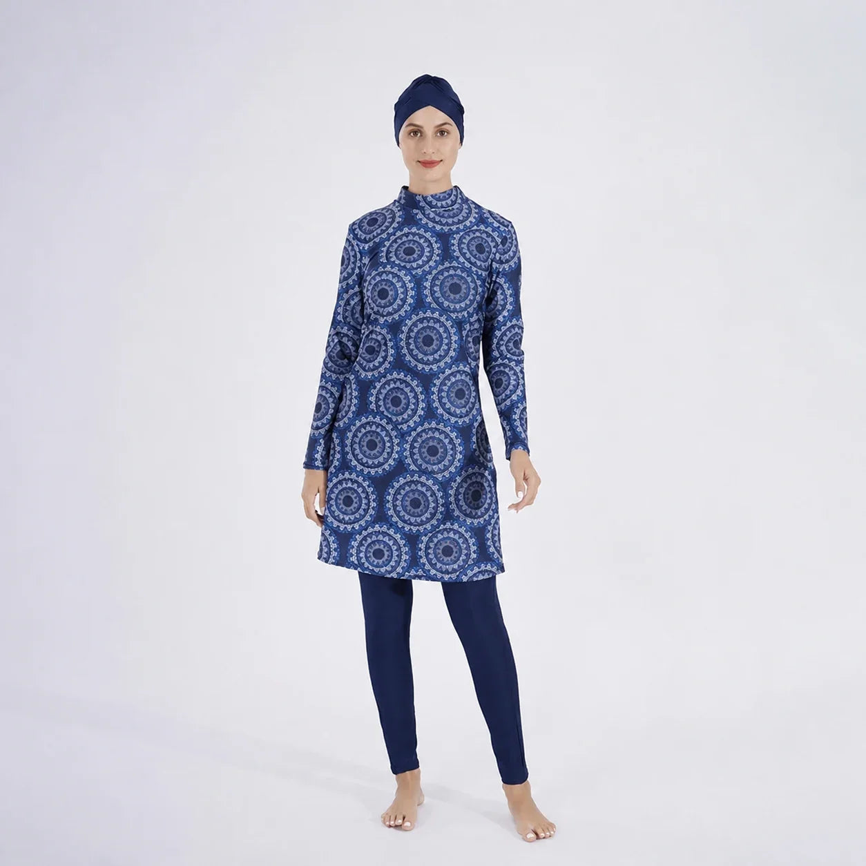 Burkini grande taille 3 pièces bleu marine à motifs mandala