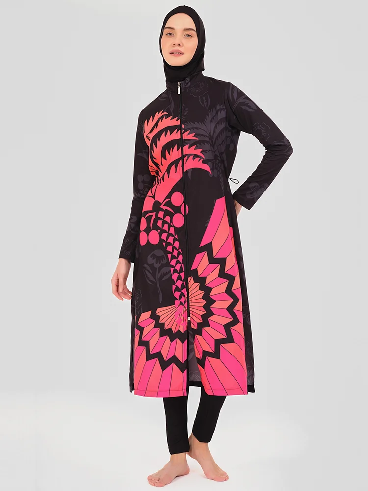 Burkini Déperlant 3 Pièces – Motifs Vifs – Rosace fuchsia