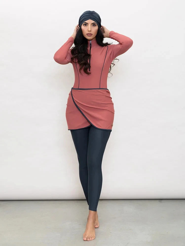 Burkini Uni 3 Pièces – Tons Chauds – Rose poudré