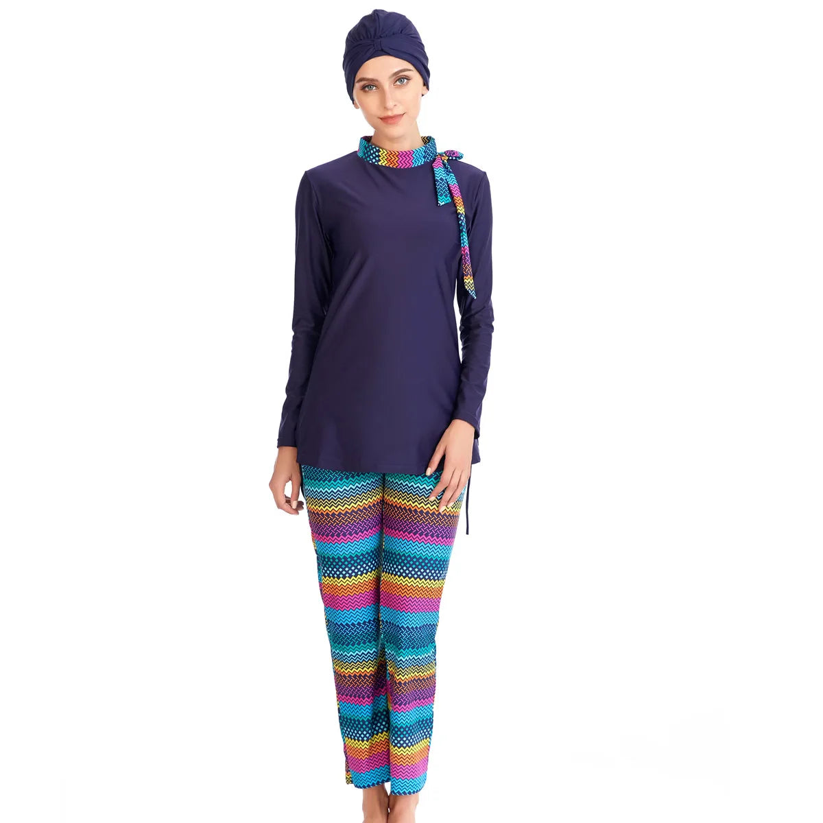 Burkini Grande Taille 3 Pièces – Bleus & Rayures – Rayures arc-en-ciel