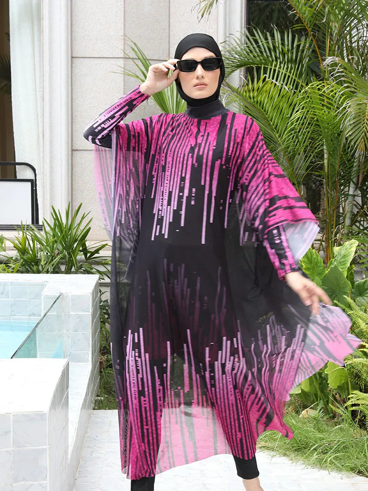 Burkini UPF 50+ Lignes Fuchsia 3 ou 4 Pièces – 4 pièces