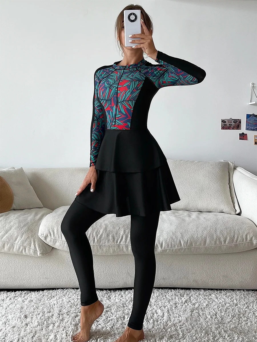 Burkini Robe Évasée 3 Pièces – Imprimés Graphiques – Graphique corail