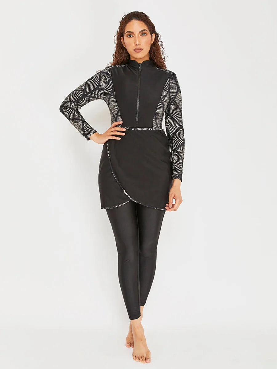 Burkini modeste 3 pièces noir à manches graphiques