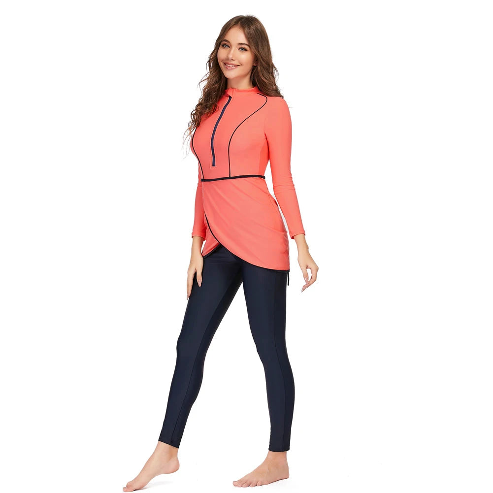 Burkini Sport Patchwork 3 Pièces – Tons Chauds – Corail