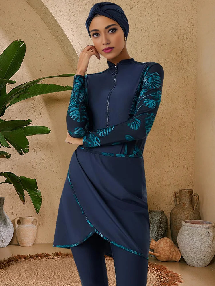 Burkini Tropical 3 Pièces – Botanique Turquoise – Bleu marine et turquoise