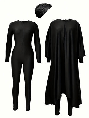 Burkini uni noir couvrant 3 pièces – ensemble complet