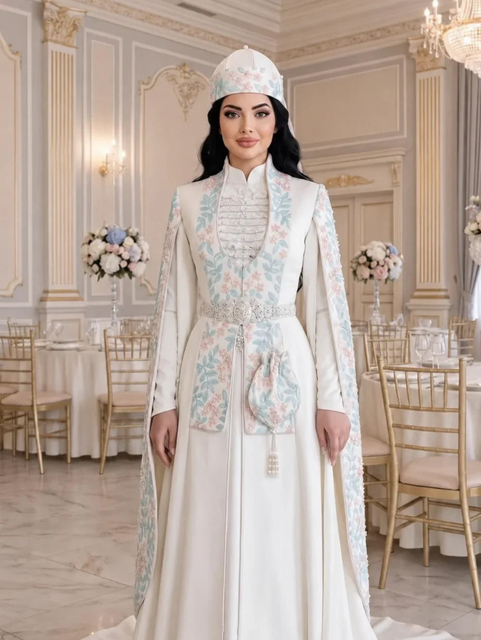 Caftan mariage blanc deux pièces brodé – vue de face