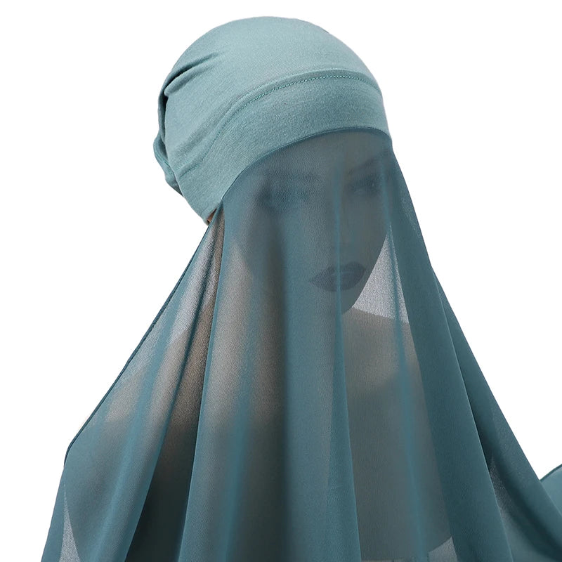 Hijab Instantané Bonnet et Mousseline – Tons Frais en bleu grisé – Maison Layina