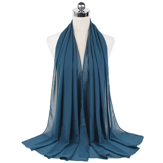 Hijab Mousseline Longue 70 × 180 cm – Rose, Bleu, Gris & Rouge en bleu pétrole – Maison Layina