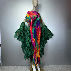 Caftan plissé multicolore vert pour femme – vue portée