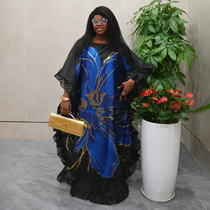 Robe djellaba africaine noire et bleu royal à motifs dorés