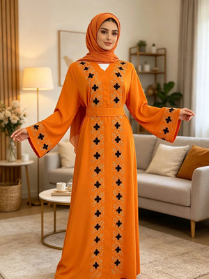 Abaya florale fermée orange – vue portée