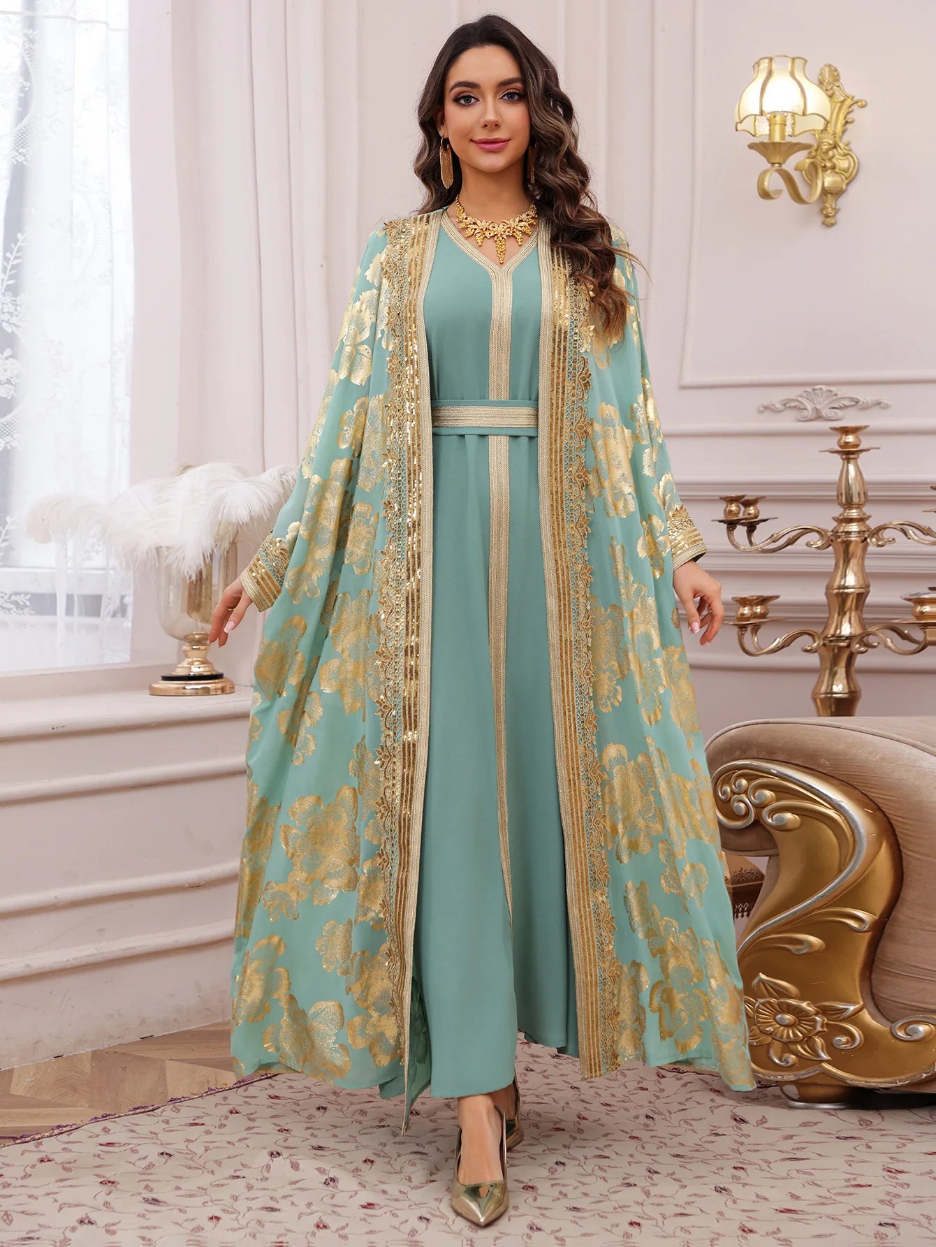 Abaya Brodée Verte Pour Femme – vue principale