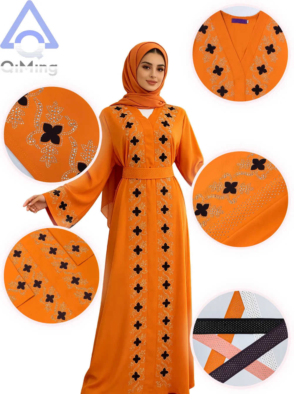 Abaya Florale Fermée Luxe Dubaï – détail de la coupe