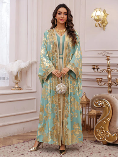 Abaya Brodée Verte Pour Femme – vue du modèle, image 4