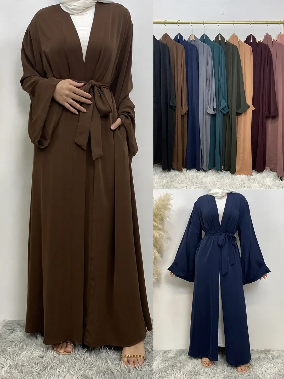 Abaya kimono ouverte marron et bleu marine pour femme – vue principale