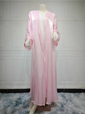 Abaya kimono satinée rose pour femme – vue complète