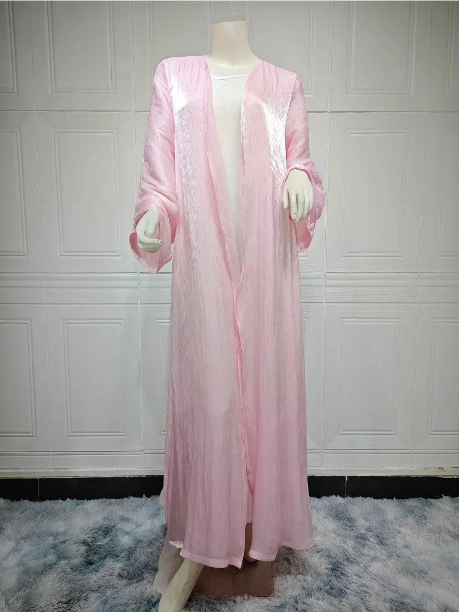 Abaya kimono satinée rose pour femme – vue complète