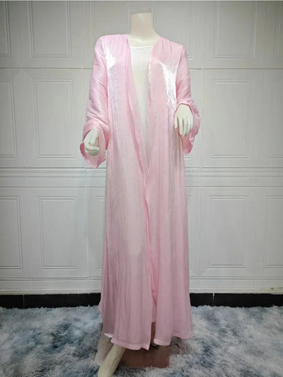 Abaya kimono satinée rose pour femme – vue complète