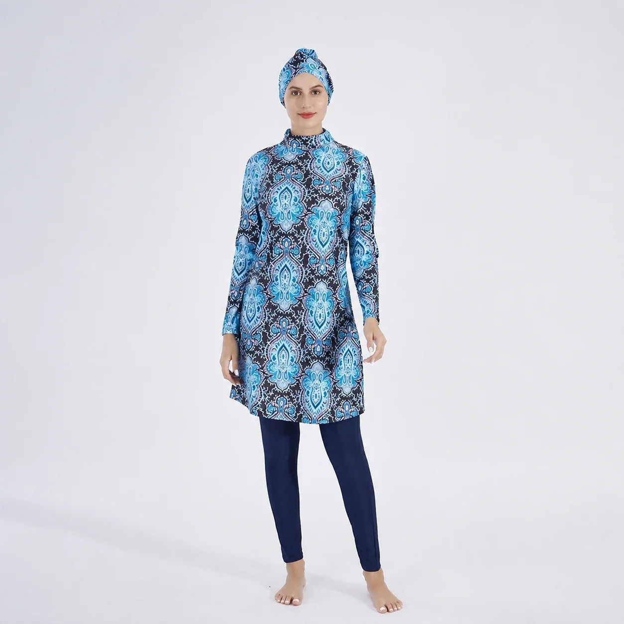Burkini grande taille 3 pièces bleu à imprimé ornemental