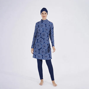 Burkini grande taille 3 pièces bleu marine à motifs mandala