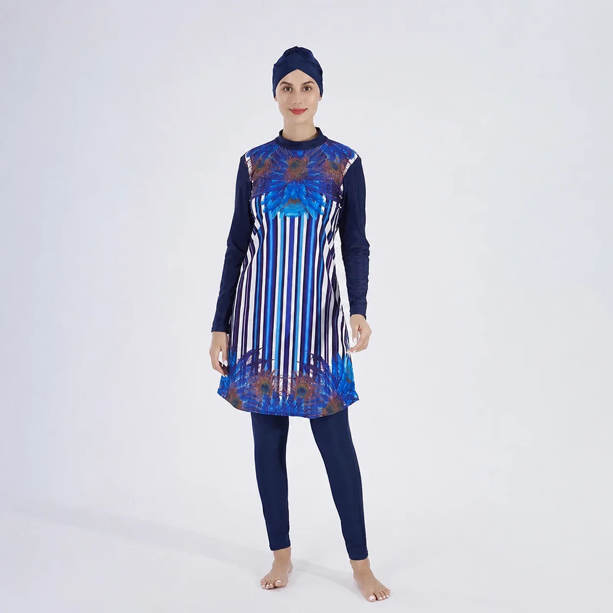 Burkini grande taille 3 pièces bleu rayé à motif paon