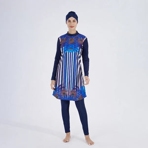 Burkini grande taille 3 pièces bleu rayé à motif paon