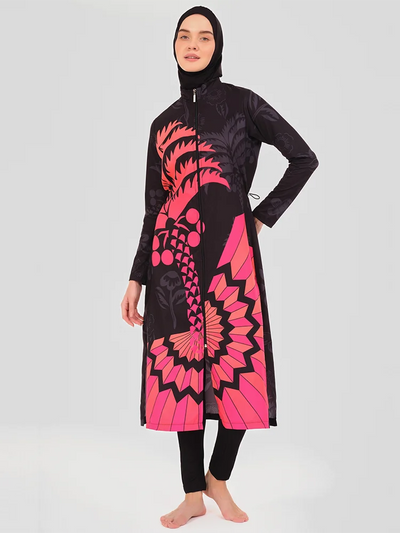 Burkini Déperlant 3 Pièces – Motifs Vifs – Rosace fuchsia