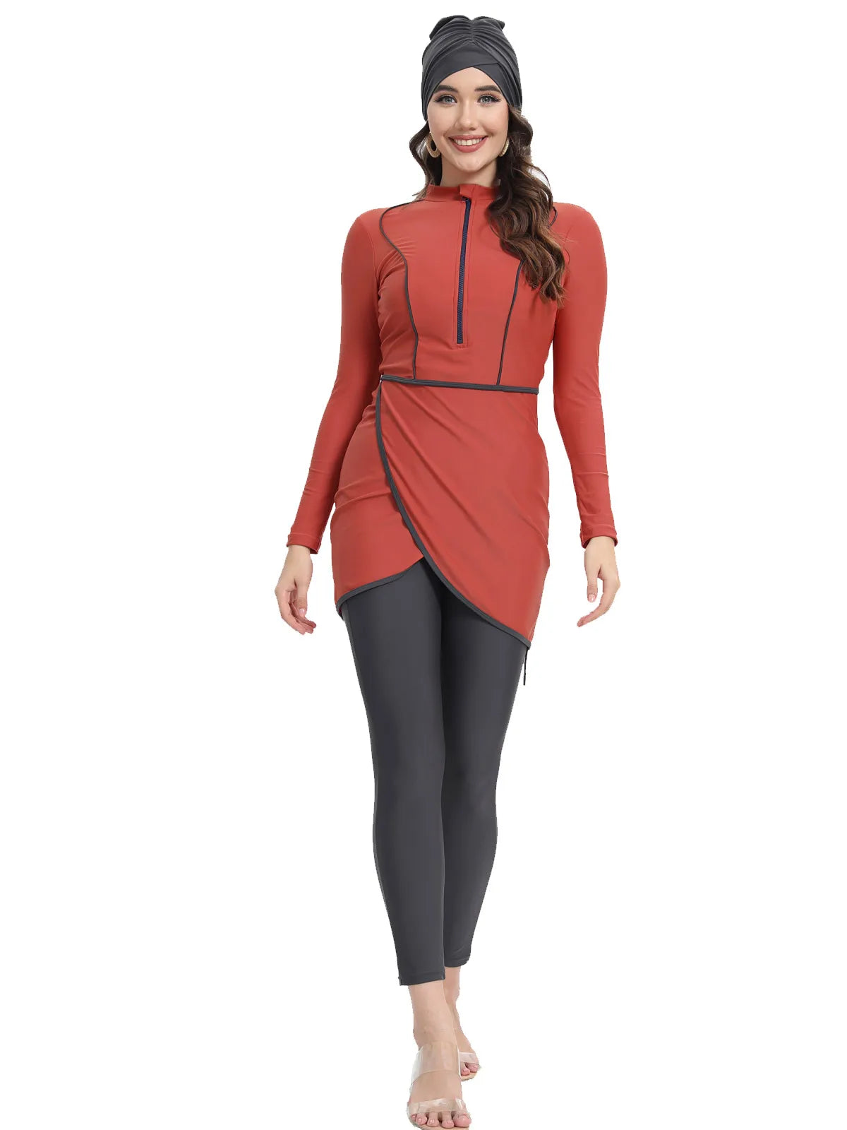 Burkini fleuri 3 pièces avec jupe intégrée – rouge brique