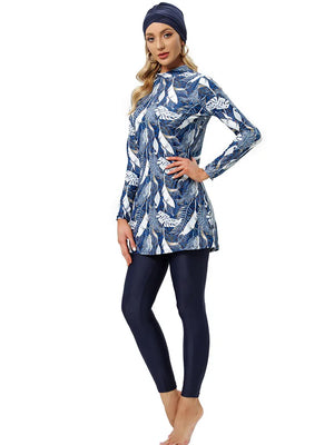 Burkini Grande Taille 3 Pièces – Imprimés Tropicaux – Feuillage bleu et blanc