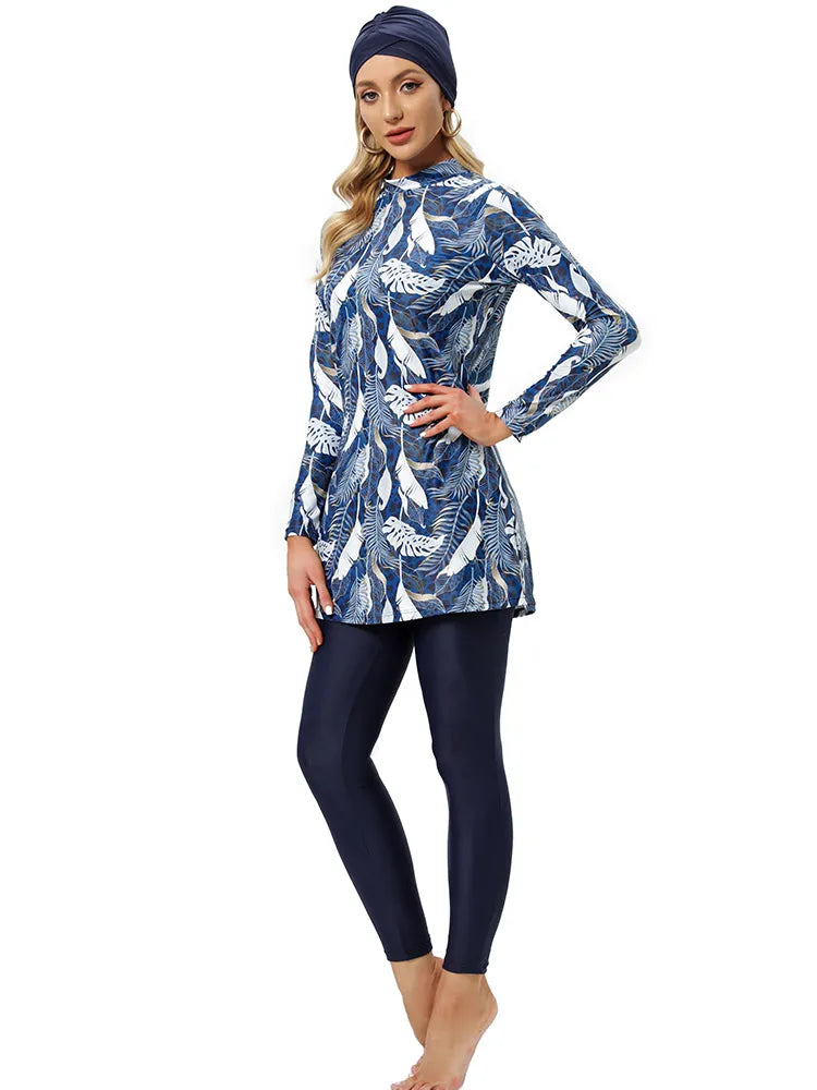 Burkini Grande Taille 3 Pièces – Imprimés Tropicaux – Feuillage bleu et blanc