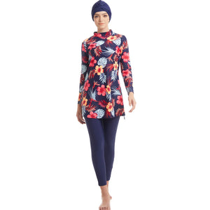 Burkini Grande Taille 3 Pièces – Floraux Chauds – Floral corail et bleu