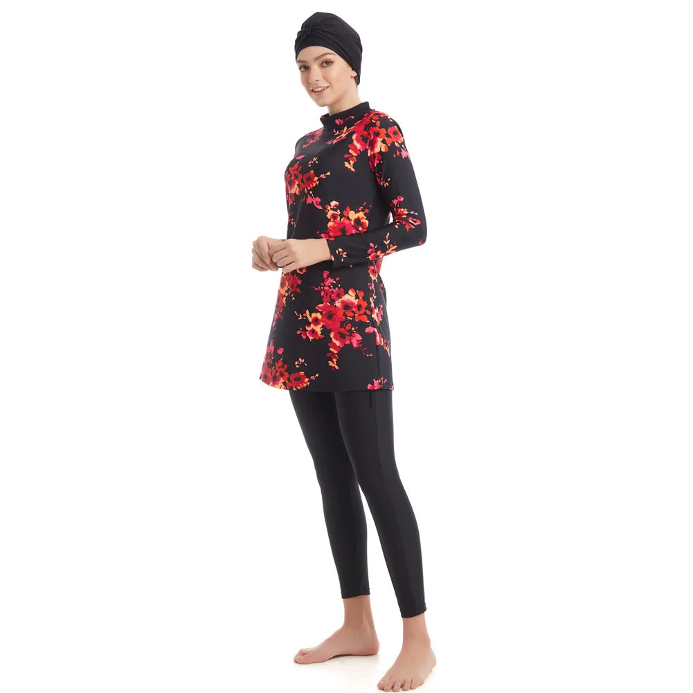 Burkini Grande Taille 3 Pièces – Floraux Chauds – Floral rouge et noir
