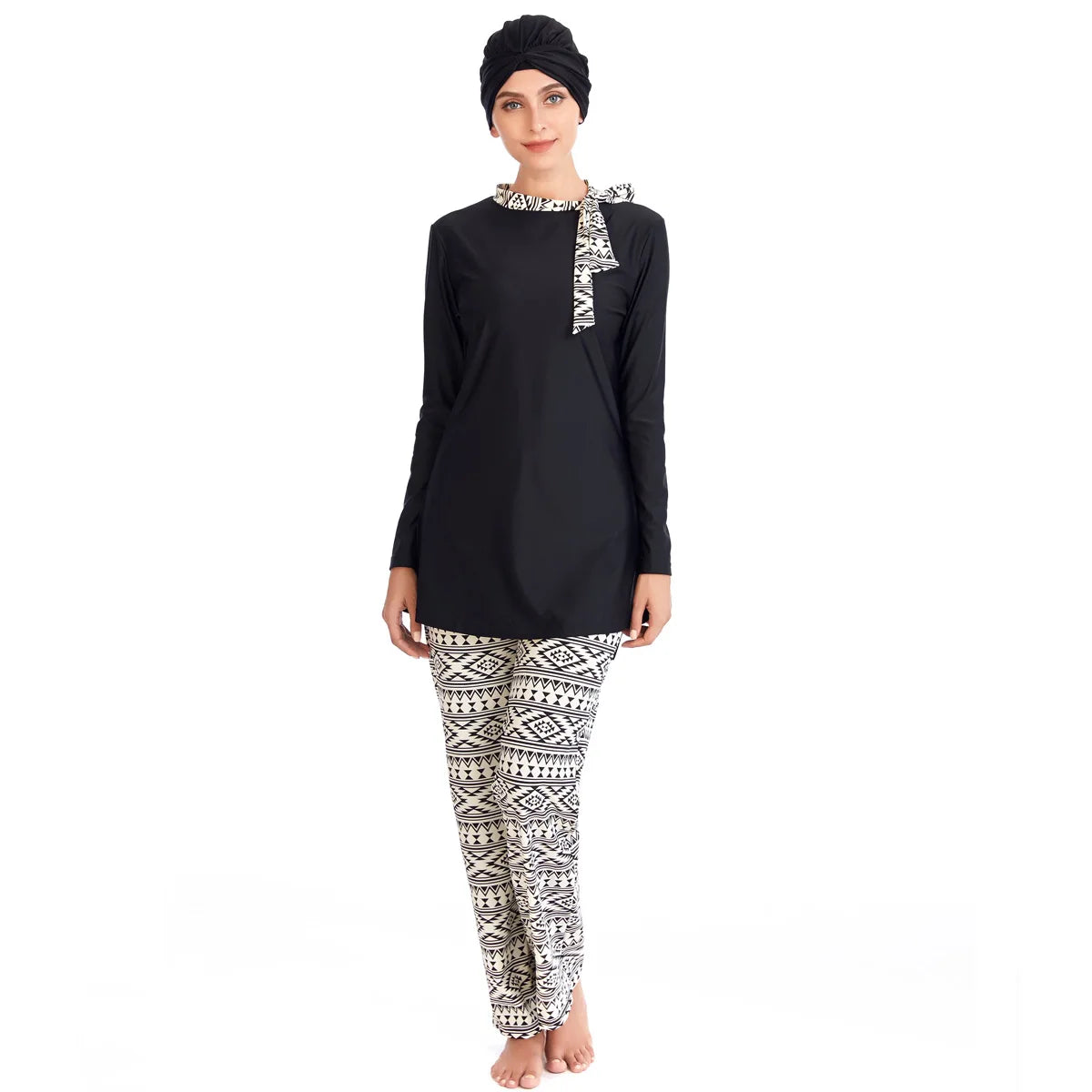 Burkini Grande Taille 3 Pièces – Graphiques Noir & Blanc – Géométrique noir et beige