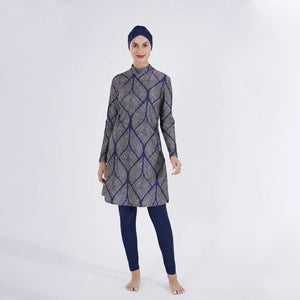 Burkini grande taille 3 pièces géométrique bleu et taupe
