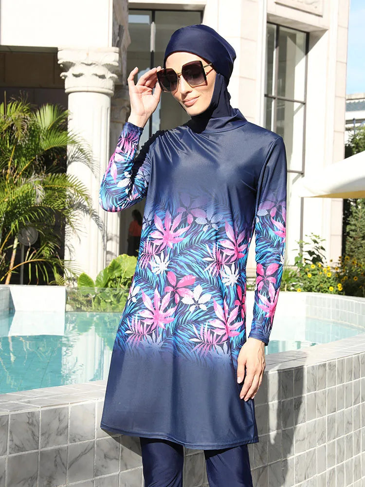 Burkini UPF 50+ Floral Bleu 3 ou 4 Pièces – 3 pièces