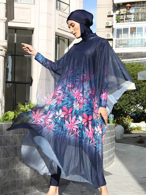 Burkini UPF 50+ Floral Bleu 3 ou 4 Pièces – 4 pièces