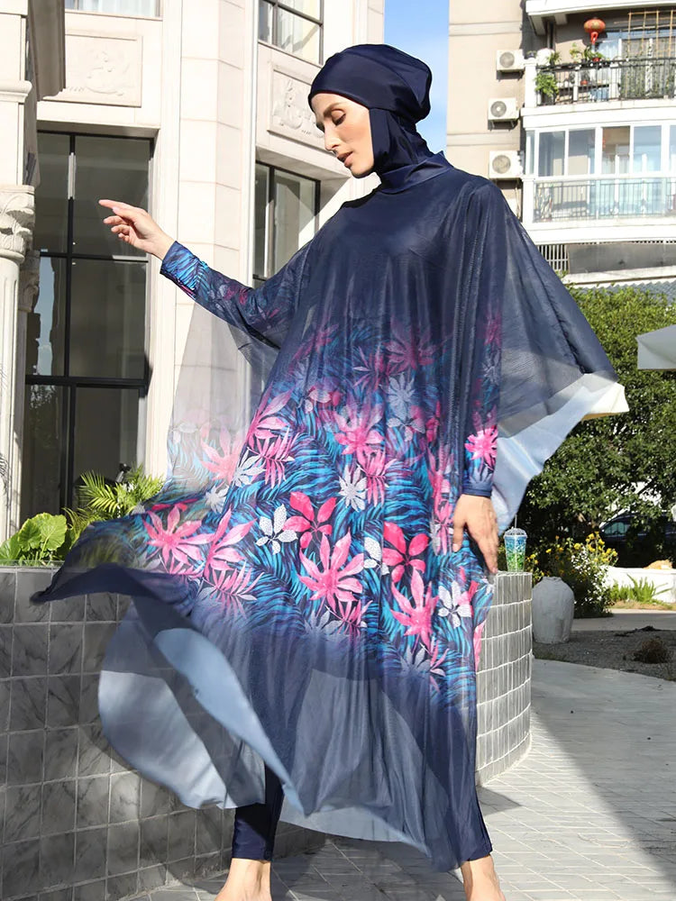 Burkini UPF 50+ Floral Bleu 3 ou 4 Pièces – 4 pièces