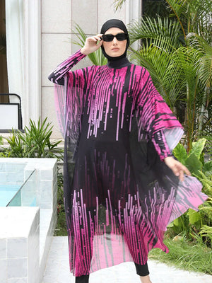Burkini UPF 50+ Lignes Fuchsia 3 ou 4 Pièces – 4 pièces