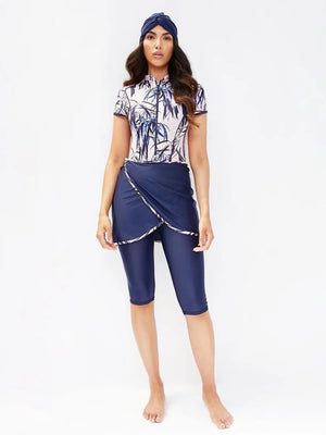 Burkini Manches Courtes 3 Pièces – Motifs Bleus – Abstrait blanc et bleu