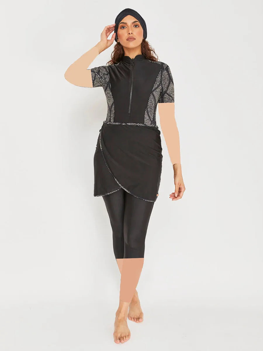 Burkini Manches Courtes 3 Pièces – Noir & Graphique – Noir graphique