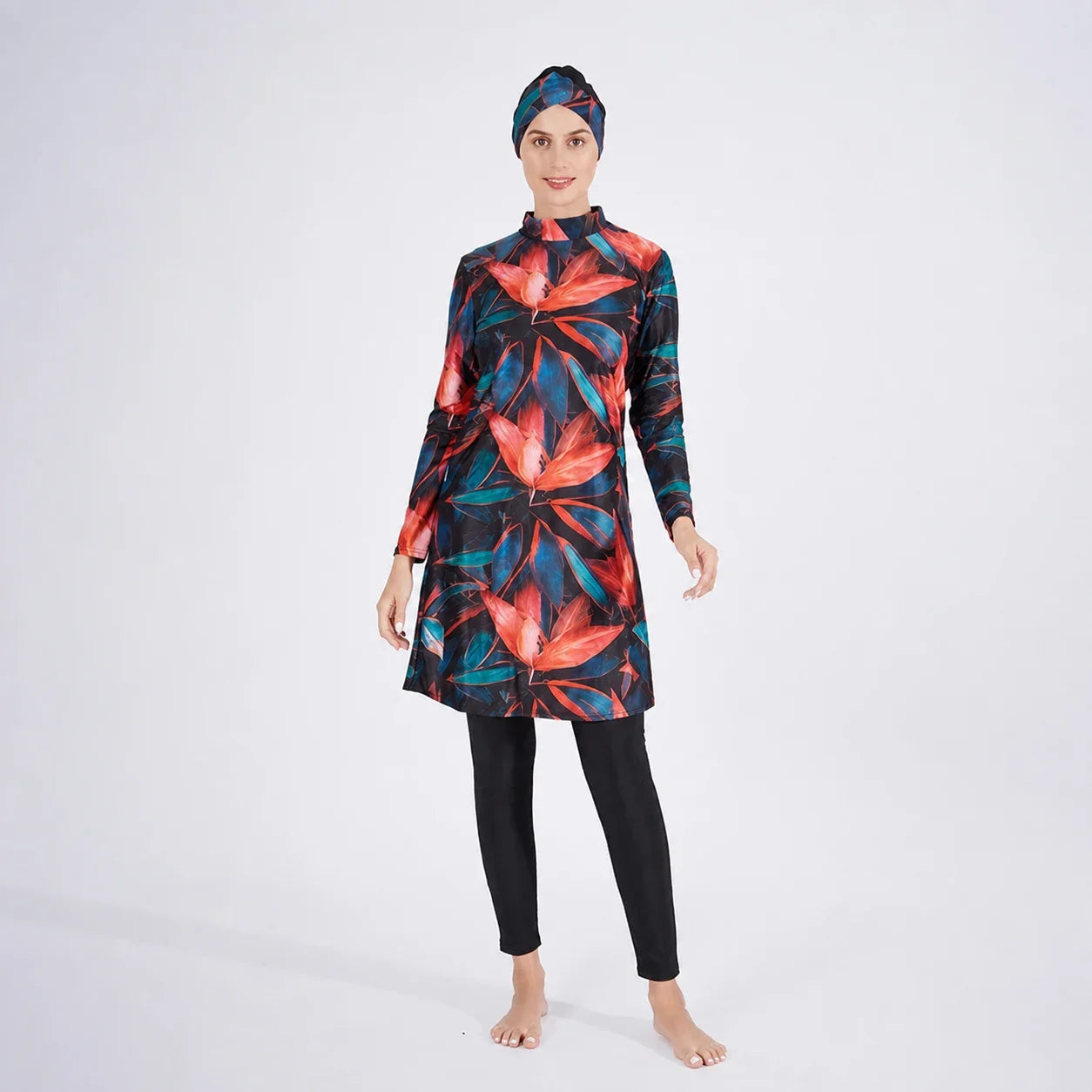 Burkini grande taille 3 pièces noir à imprimé tropical rouge