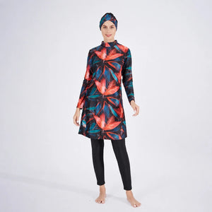 Burkini grande taille 3 pièces noir à imprimé tropical rouge