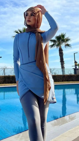 Burkini Sport Patchwork 3 Pièces – Bleus & Neutres – Bleu ciel