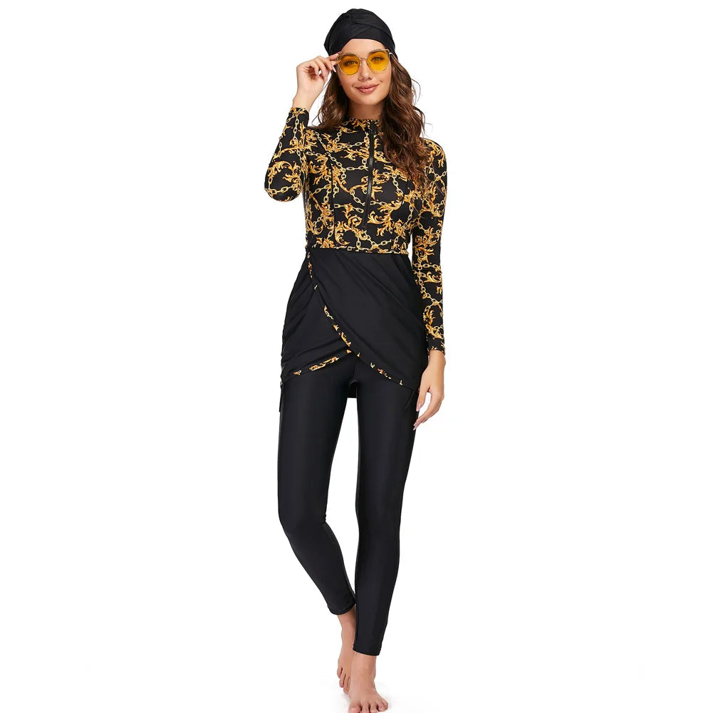 Burkini Sport Patchwork 3 Pièces – Imprimés Botaniques – Feuillage doré et noir