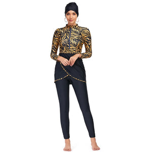 Burkini Sport Patchwork 3 Pièces – Imprimés Botaniques – Feuillage doré