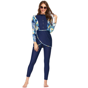 Burkini Sport Patchwork 3 Pièces – Imprimés Botaniques – Floral bleu marine