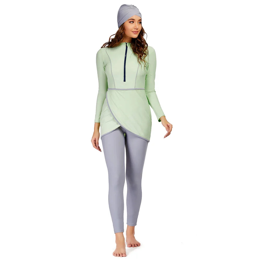 Burkini Sport Patchwork 3 Pièces – Gris & Graphiques – Menthe et gris